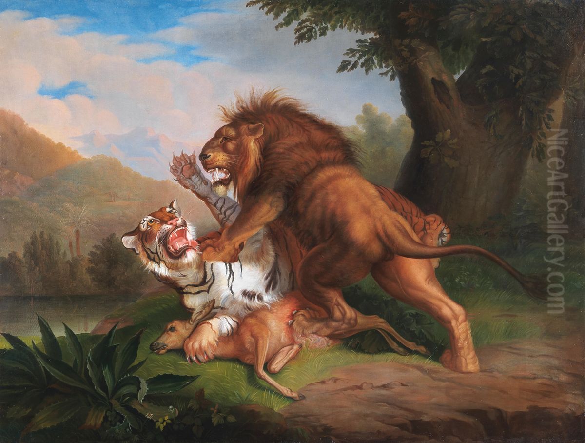 A Tiger and a Lion fight over a Fawn Oil Painting by Johann Wenzel Peter