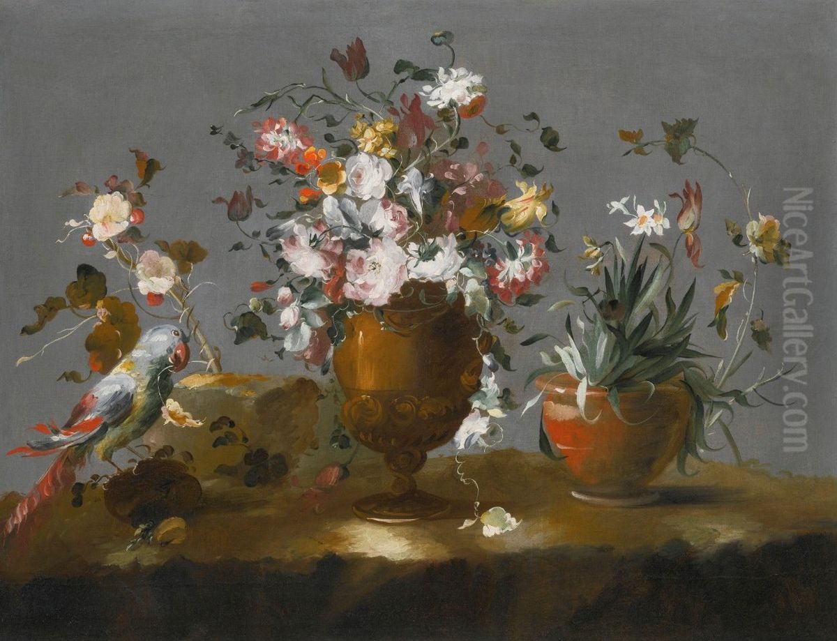 A Still Life with Roses, Carnations and Other Flowers in a Vase, a Potted Daffodil and a Parrot on a Ledge Oil Painting by unknown