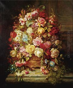 A still life with flowers in a jardiniere resting on a ledge