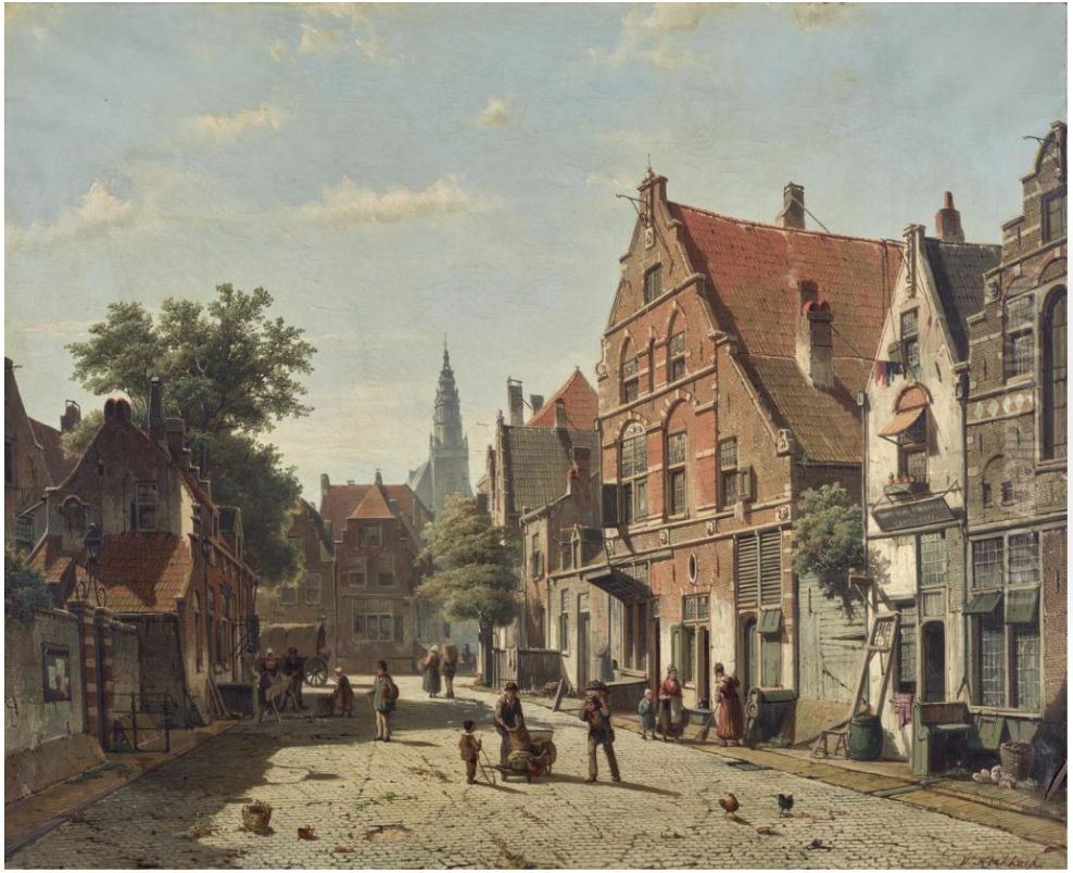A Sunny Street With a Distant Church Tower Oil Painting by Willem Koekkoek