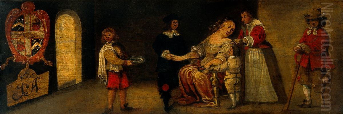 A surgeon letting blood from a woman's arm. Oil Painting by unknown