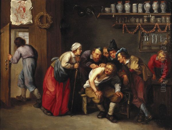 A surgeon removing a plaster from a man's back, with five persons [stand by] Oil Painting by Monogrammist H.C. (Southern Netherlands)