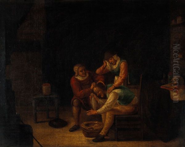 A surgeon operating on a man's head. Oil Painting by unknown