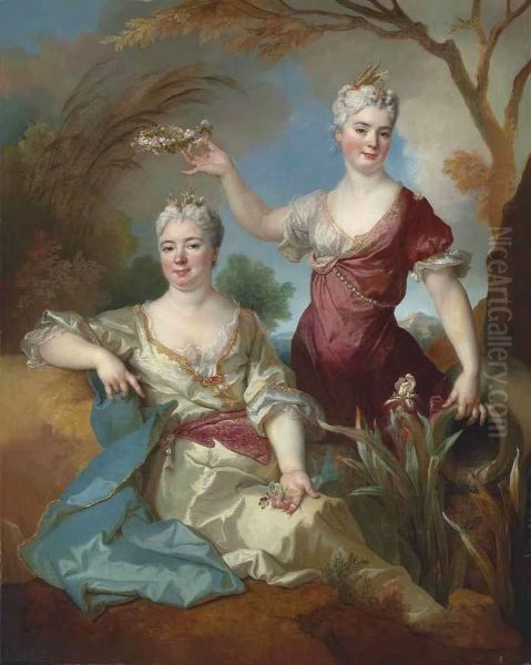 Portrait of Baroness Le Leu d'Aubilly and her daughter Madame de Guinaumont Oil Painting by Nicolas de Largilliere
