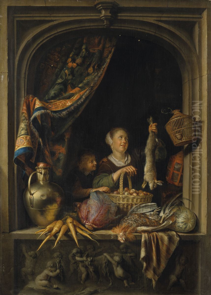 A young woman holding a hare with a boy at a window Oil Painting by Gerrit Dou