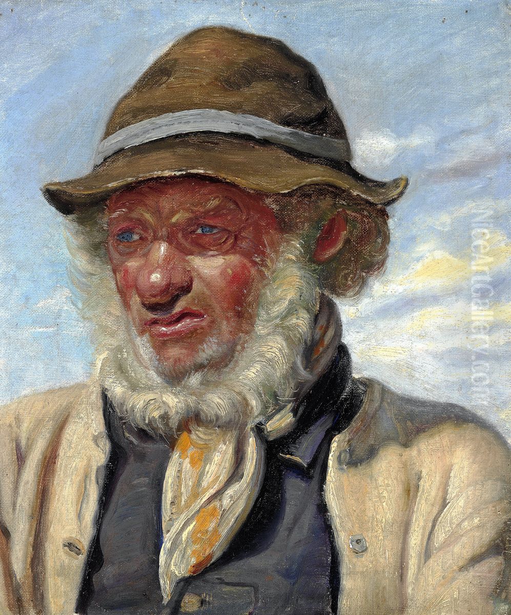 Skagensfisker med fuldskaeg under aben himmel. Oil Painting by Michael Peter Ancher
