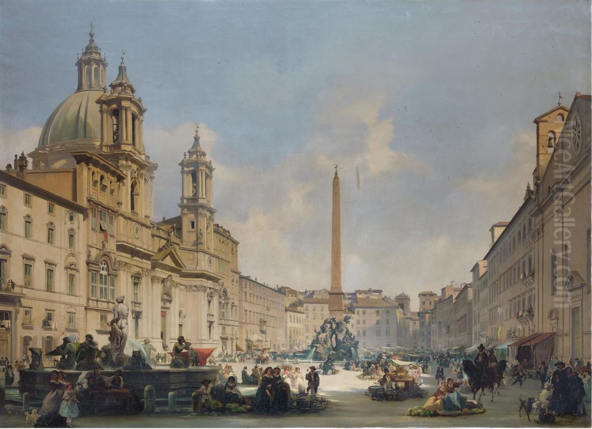 A view of Piazza Navona, Rome. Oil Painting by Ippolito Caffi