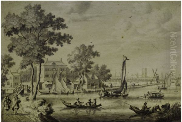 A VIEW OF THE ZWAENSEILAND AND THE RIVER ZWAENHALS, ROTTERDAM, THE SINT LAURENSKERK BEYOND Oil Painting by Adriaen Van Salm
