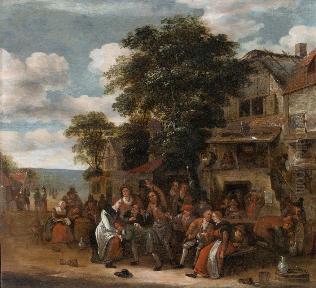 A Village Scene with Revelers outside an Inn Oil Painting by Rutger Verburg