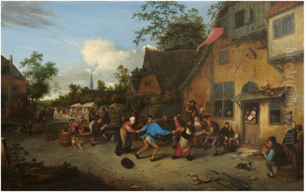 A VILLAGE FAIR WITH DANCING IN THE STREET Oil Painting by Cornelis Dusart