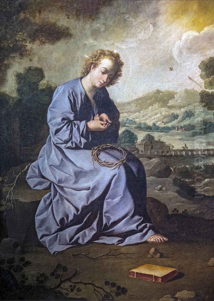 The child Jesus injuring himself with a crown of thorns in a landscapeFrancais:L'enfant Jesus se blessant avec une couronne d'epines dans un paysageItaliano:Il bambino Gesu si ferisce con una corona di spine in un paesaggio Oil Painting by Francisco De Zurbaran