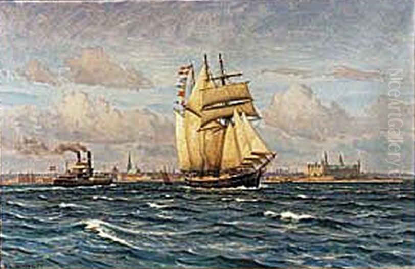 A three masted schooner and a ferry off Helsingor. Oil Painting by Vilhelm Arnesen