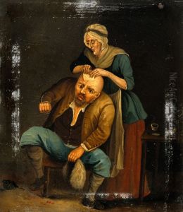 A woman treating a man's head-wound.