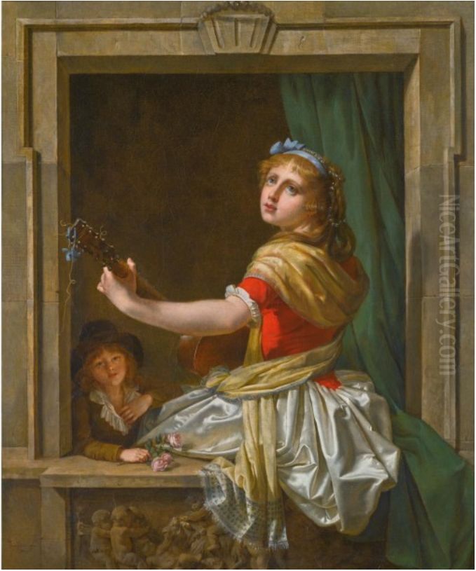 A young woman with a guitar seated at an open window Oil Painting by Martin Drolling