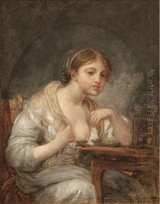 A young woman with a birdcage Oil Painting by Jean-Baptiste Greuze