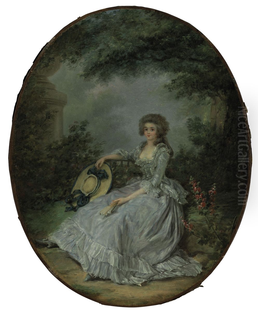 A young woman in a white dress seated in a park, a straw hat with blue ribbons in her right hand Oil Painting by Claude Hoin