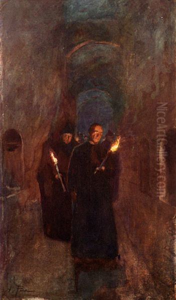A Procession in the Catacomb of Callistus Oil Painting by Alberto Pisa