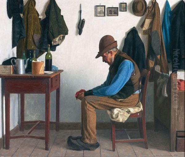 Rural interior with an old man. Oil Painting by Anders Christian Terslose