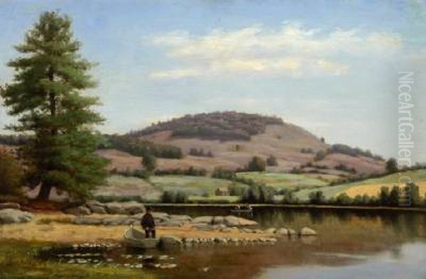 Fishing on Fairlee Pond, Mount Mansfield, Vermont Oil Painting by Alfred Ordway
