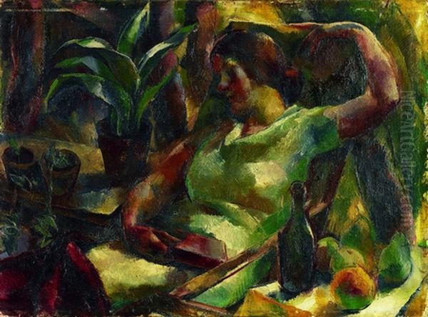 Woman in the garden Oil Painting by Vilmos Aba-Novak