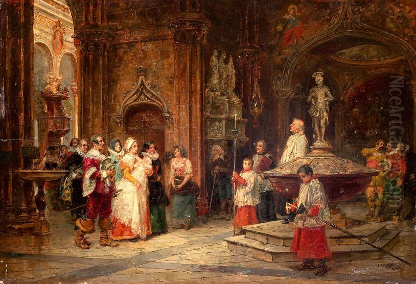 Un bautismo en Espana Oil Painting by Vicente March