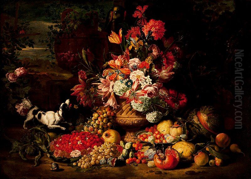 Still-life with flowers, fruit and a dog Oil Painting by Abraham Brueghel