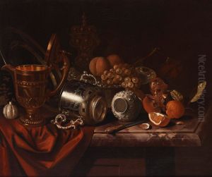 Still life with objects of silver, fruits and a knife