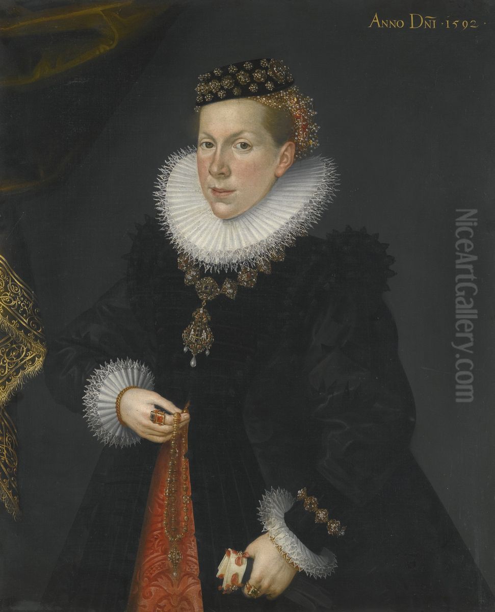 Portrait of Korona Welser (d. 1650), wife of Karl von Langemantel of Augsburg, dated 1592. Oil Painting by Abraham del Hele