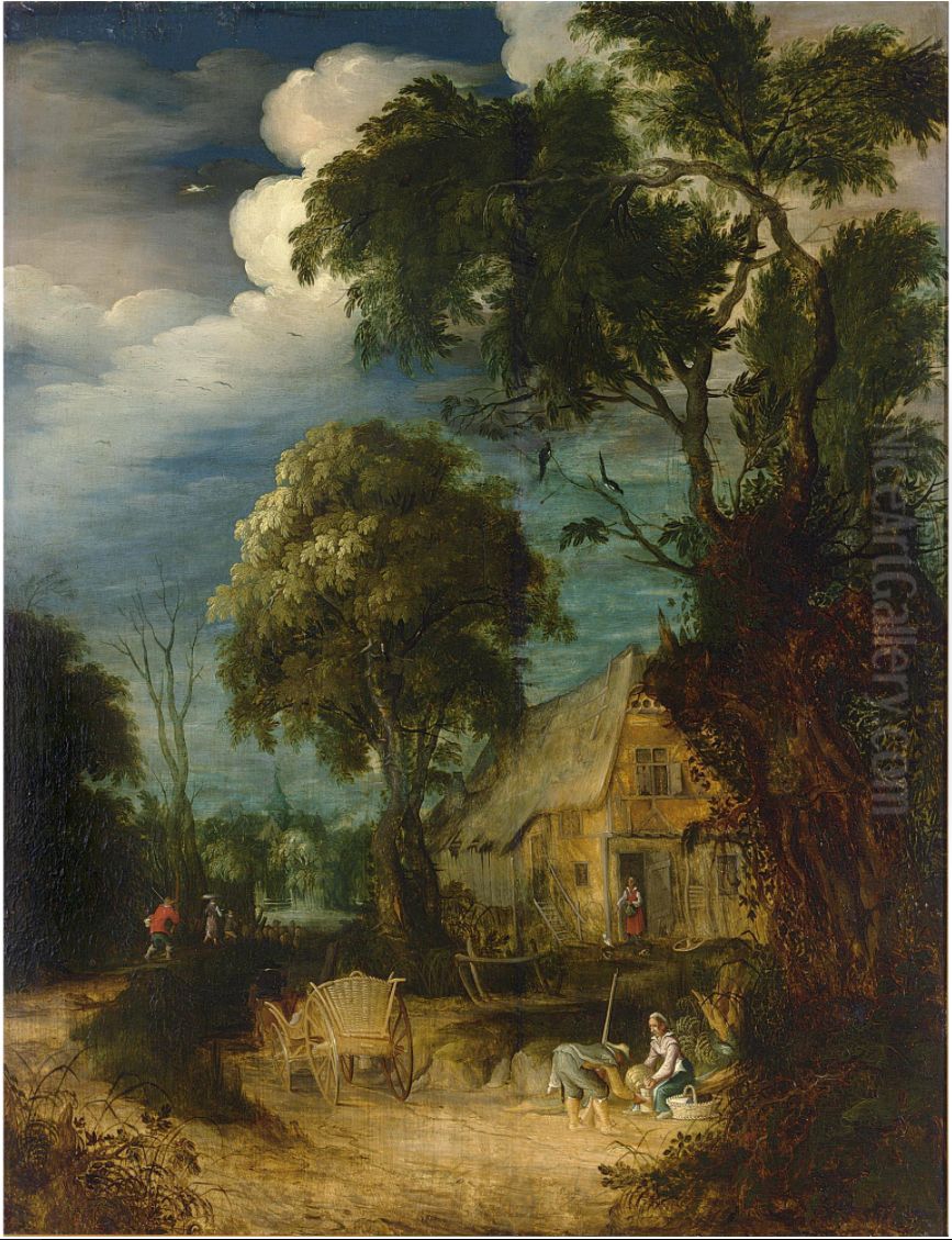 Wooded Landscape with peasants Oil Painting by Abraham Govaerts