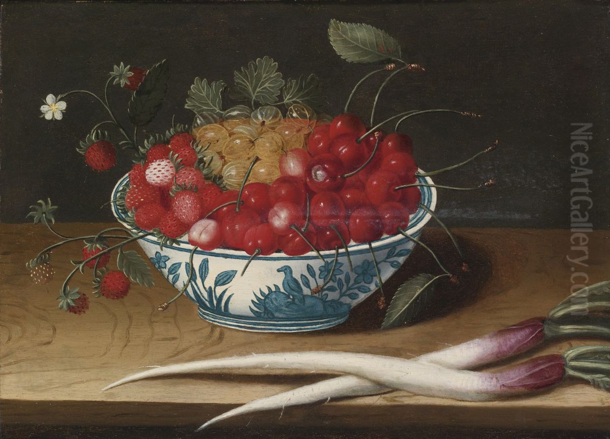 Still Life with Strawberries, Cherries and Gooseberries in a blue and white porcelain bowl with two salsify roots, all resting on a wood table Oil Painting by Abraham Gibbens
