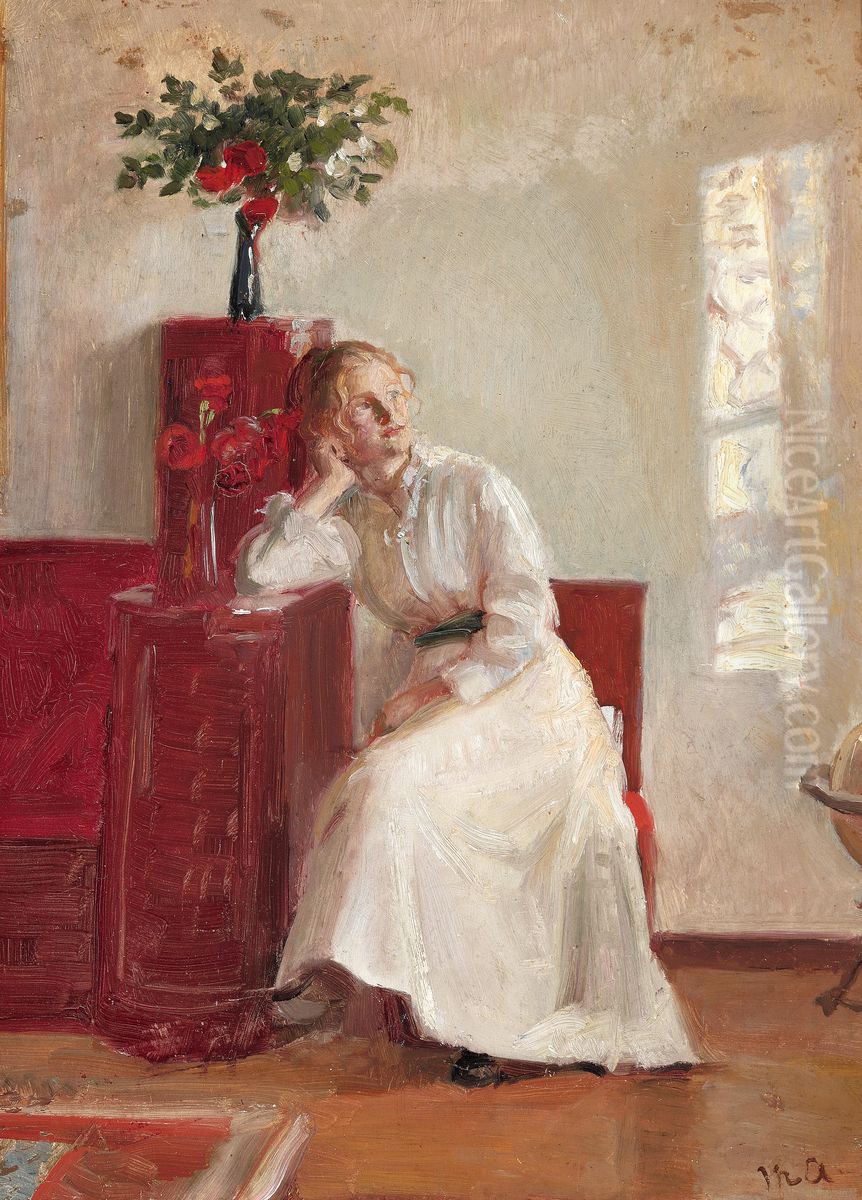Interior med en ung kvinde siddende pa en stol. Oil Painting by Michael Peter Ancher