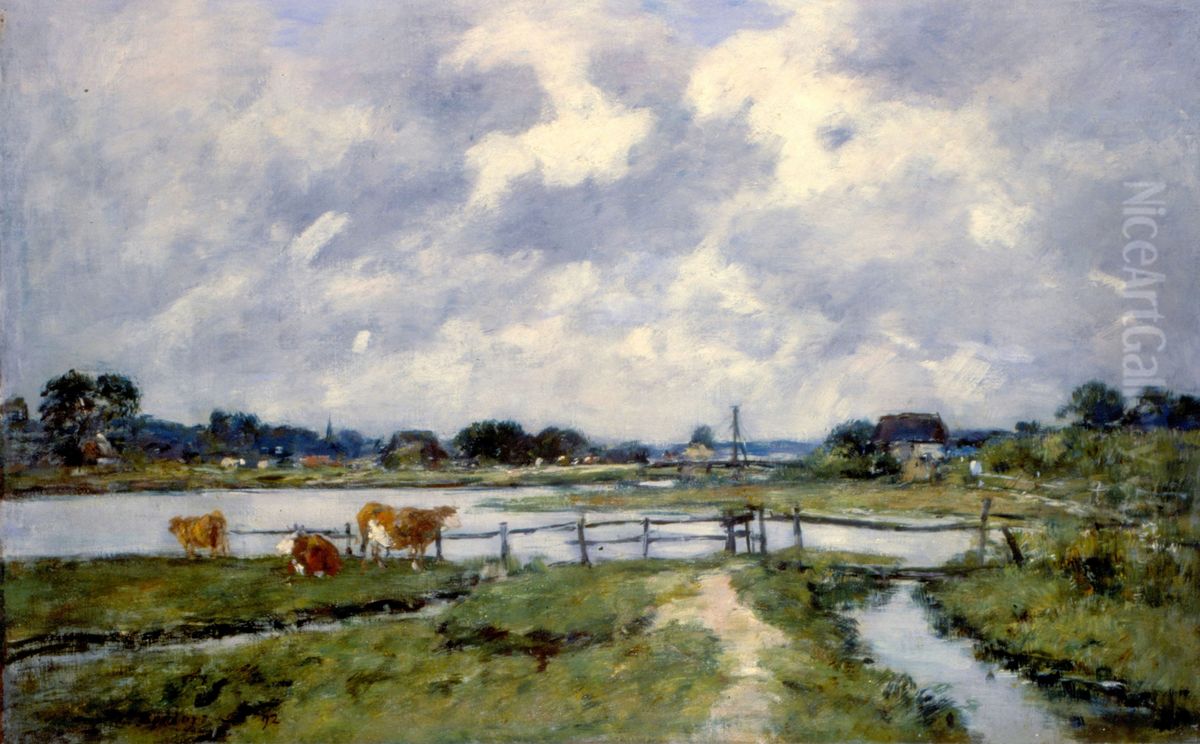 The Valley of the Touques - Cows in the Meadow Oil Painting by Eugene Louis Boudin