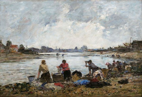 Washerwomen at the Touques River Oil Painting by Eugene Louis Boudin