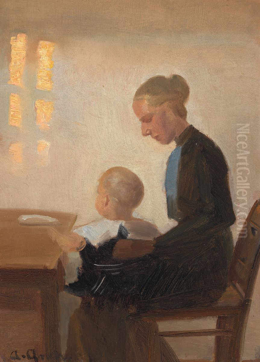 An interior with a mother and child. Oil Painting by Anna Ancher