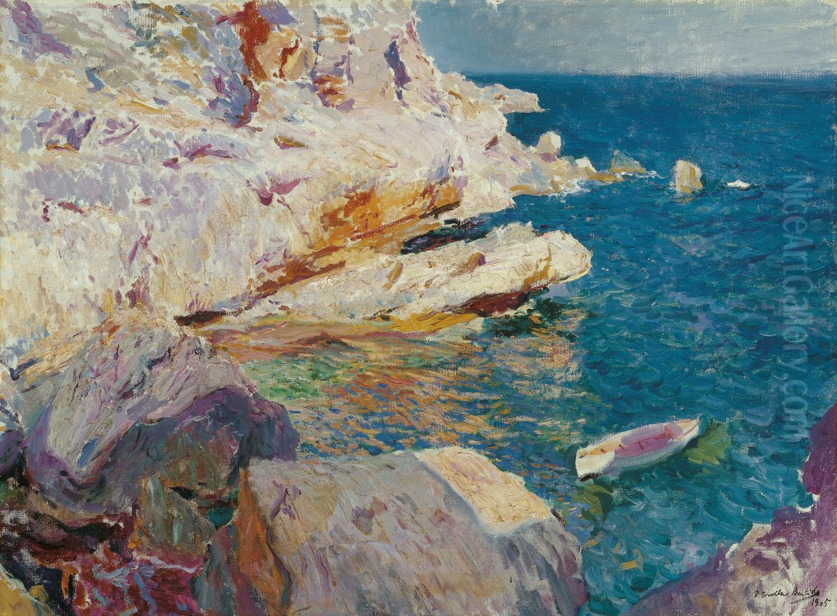 Rocks at Javea and the White Boat Oil Painting by Joaquin Sorolla