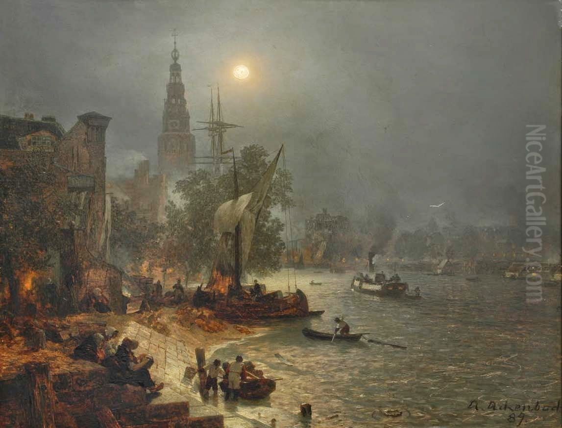 View  of Amsterdam at night Oil Painting by Andreas Achenbach