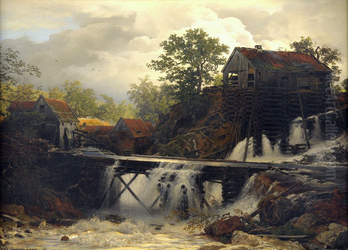 A timbermill in Westphalia Oil Painting by Andreas Achenbach