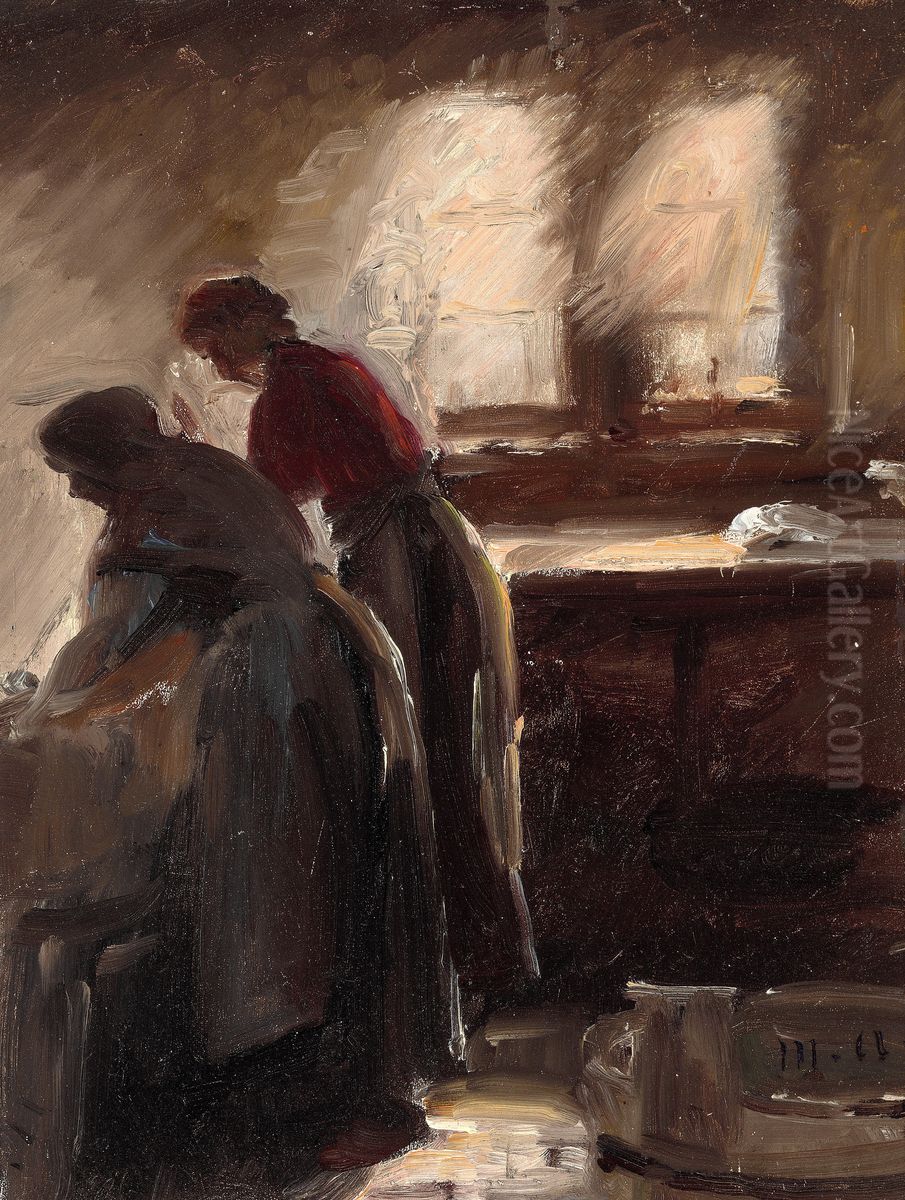Kitchen interior with two women working. Oil Painting by Michael Peter Ancher