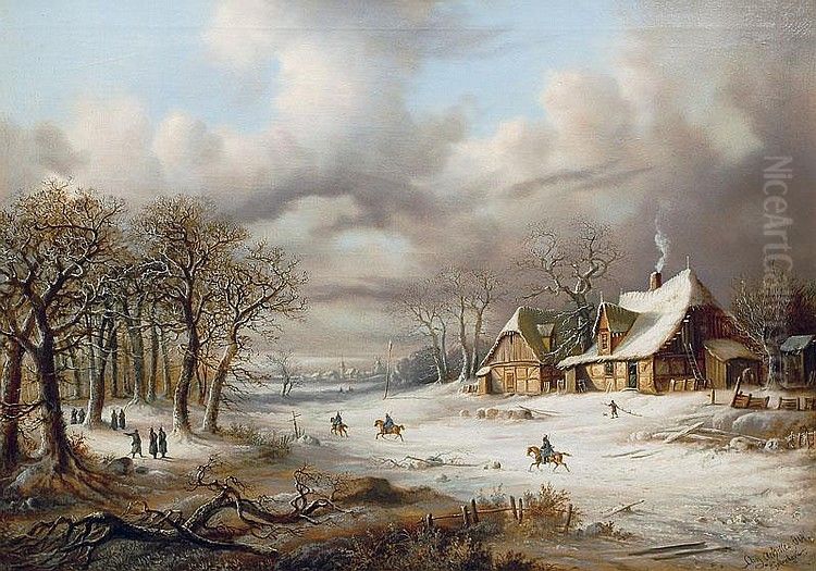 Winterlandschaft mit Soldaten vor einem Gehoft Oil Painting by August Achilles