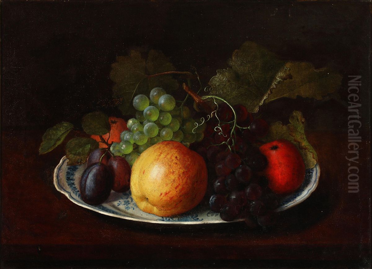 Opstilling med aebler, blommer og druer pa et fajancefad. Oil Painting by Ada Sindberg