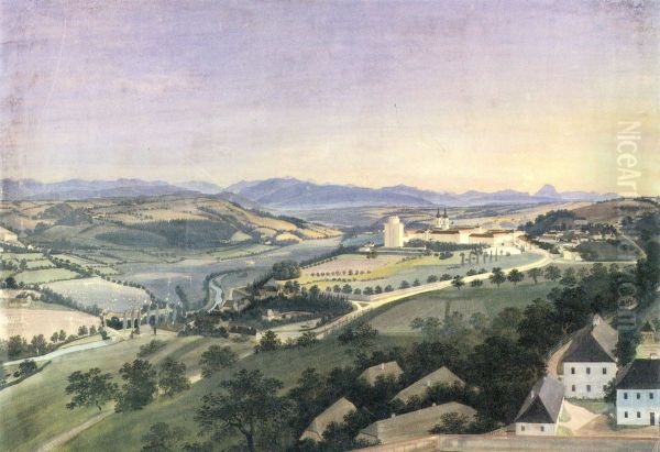 Blick auf Kremsmunster und Umgebung Oil Painting by Adalbert Stifter