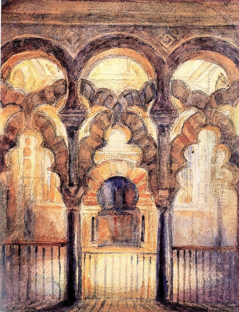 Cordoba, the Grand Mosque's Mihrab. Oil Painting by Moustafa Farroukh