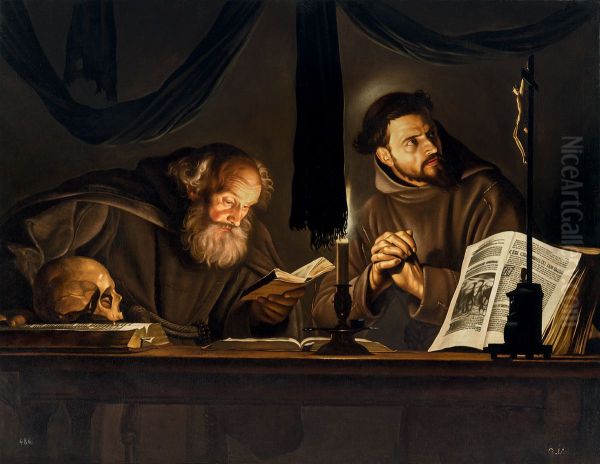 Saint Francis in Meditation with Brother Leo Oil Painting by Adam de Coster