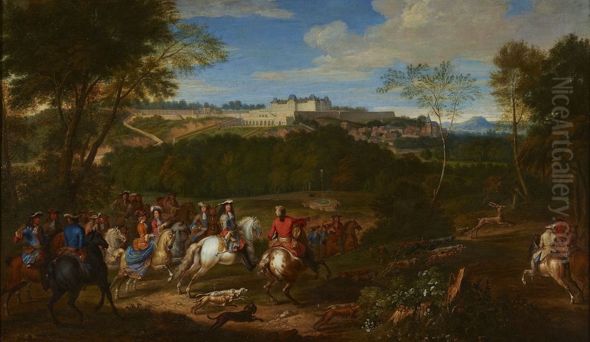 Louis XIV and his Court hunting in view of the castle of Meudon. Oil Painting by Adam Frans van der Meulen