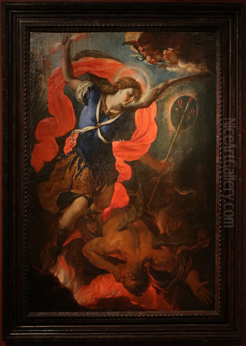 l'arcangelo michele sconfigge satana Oil Painting by Antonio Palomino