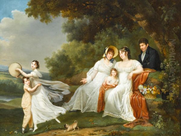 A portrait of a family with their pug in a river landscape Oil Painting by Adele Romany