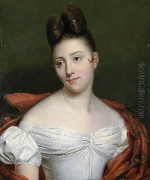 Portrait of a young woman wearing a white dress and a red coat Oil Painting by Adele Grasset
