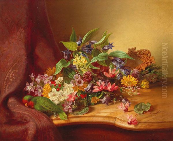 Flower Piece with Parrot Oil Painting by Unidentified location