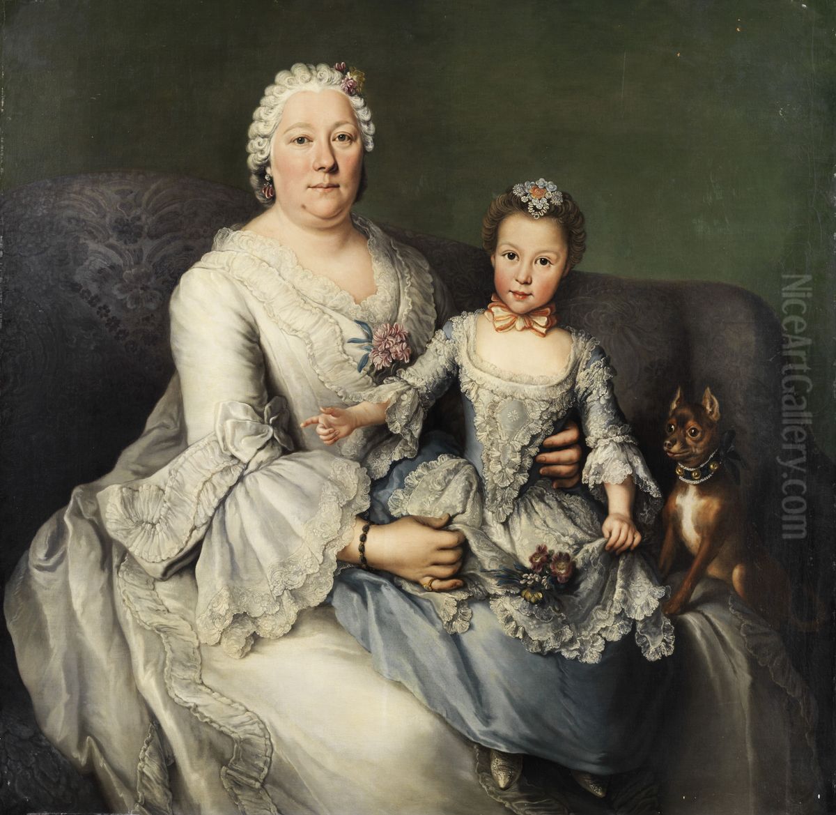 Adelige Dame mit kleinem Madchen und Schosshundchen Oil Painting by Unidentified painter