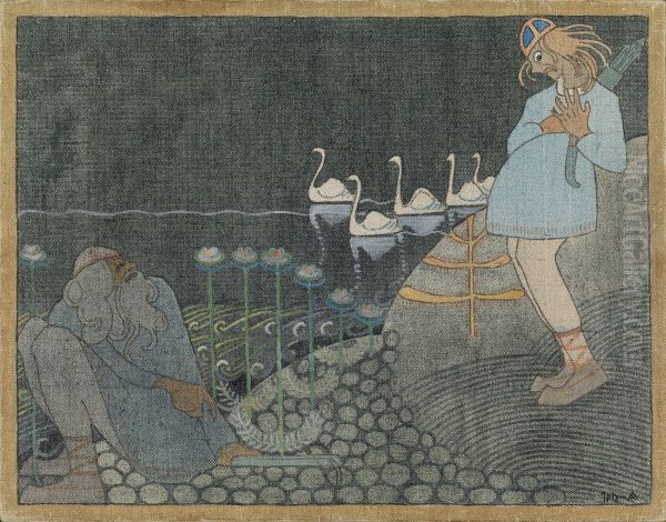 Lemminkainen ja karjapaimen Oil Painting by Joseph Alanen